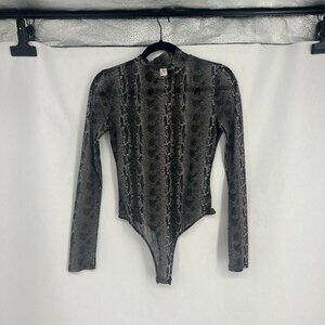 Salty Snakeskin Print Sheer Bodysuit Swiftie Grey Mockneck Long Sleeve